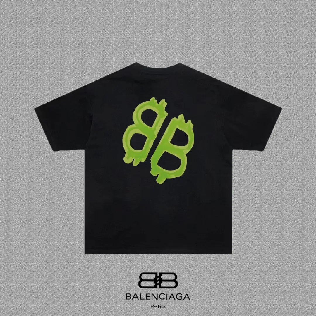P80✨🔥 BALENCIAGA Paris lettering printed short-sleeved T-shirt, custom-woven and dyed 280g combed cotton heavyweight fabric, zero color difference in thread, perfect details, different from the current version on the market, welcome to compare, Same Style for men and women, must-sell in the picture above Color: White Black Size: 1 2 3 4